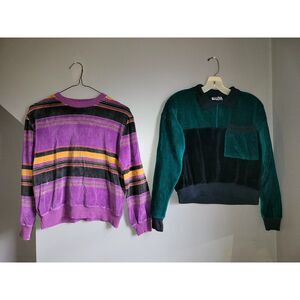 Lot Of 2 Vintage 70s Velour Velvet Crewneck Sweaters‎ Size XS/S Made In USA Mod